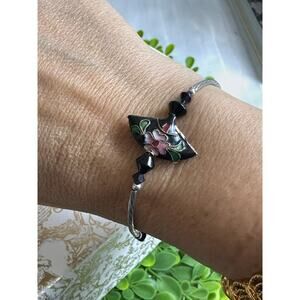 BOGO FREE VTG cloisonné BLACK FAN ADJUSTABLE BRACELET